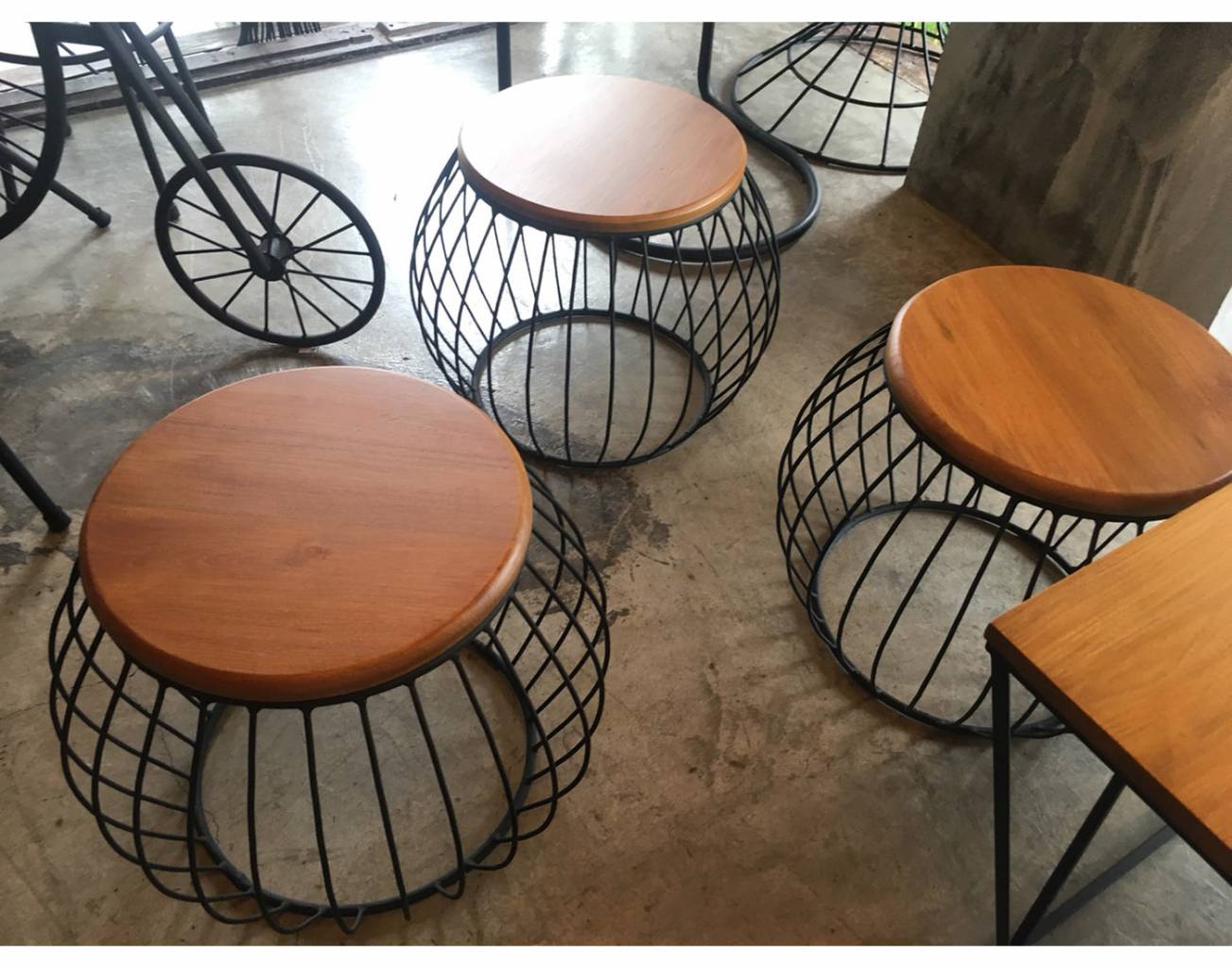 Iron and Teak Basket Side Tables