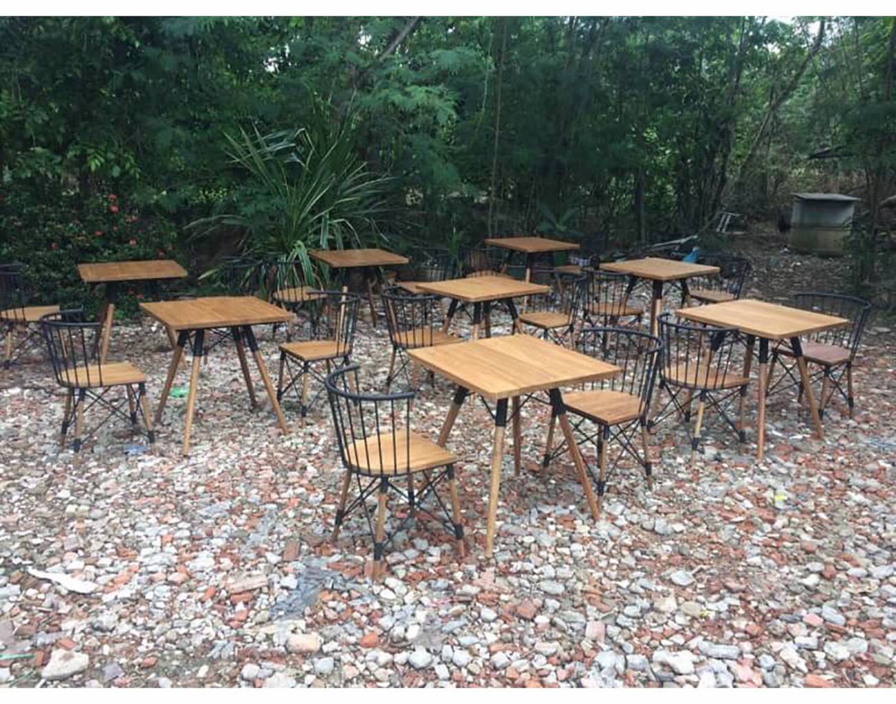 Table and Chair Set Iron & Teak Square